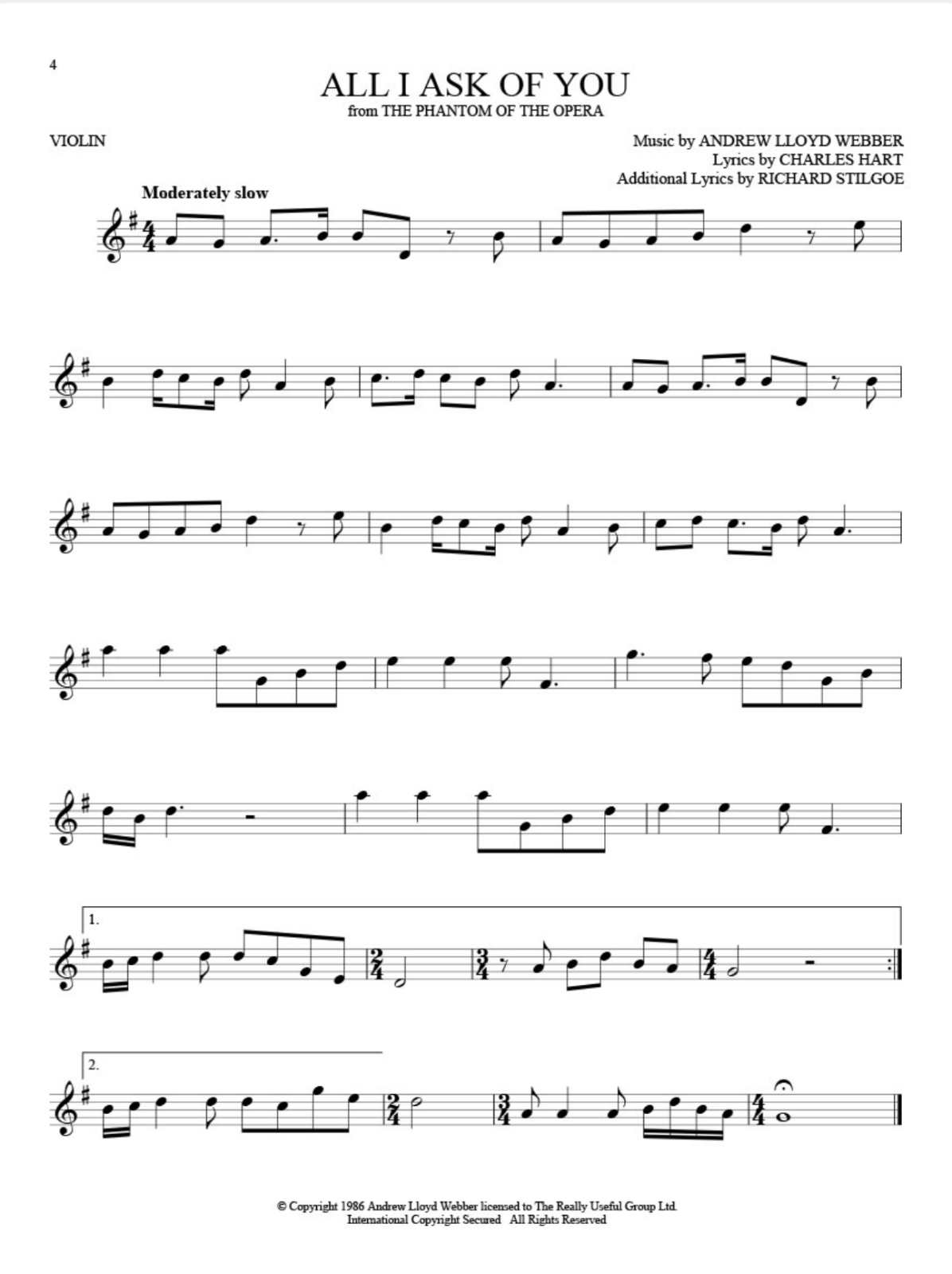 Phantom of the Opera broadway show solos for violin sheet music