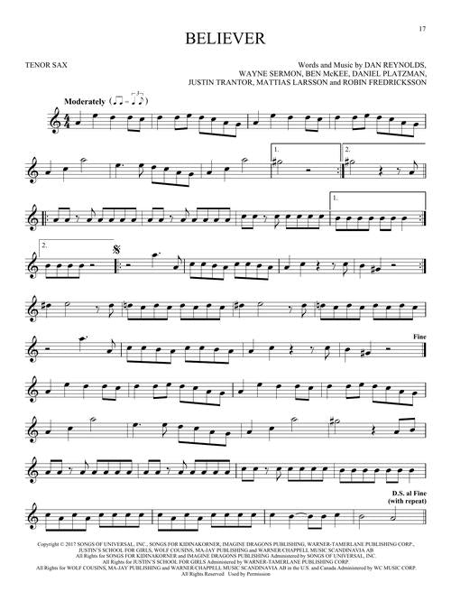 101 simple songs for tenor sax sheet music believer