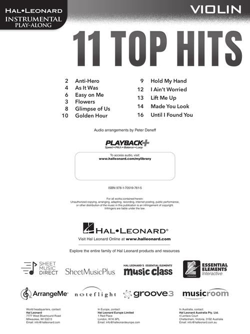 11 top hits sheet music for violin solo