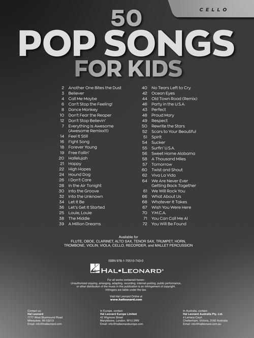 50 pop songs for kids cello sheet music