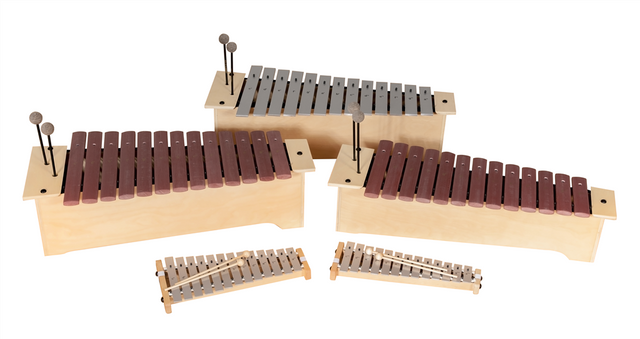 Set of 5 orff instruments in bundle of soprano xylophones, glockenspiels and metallophone