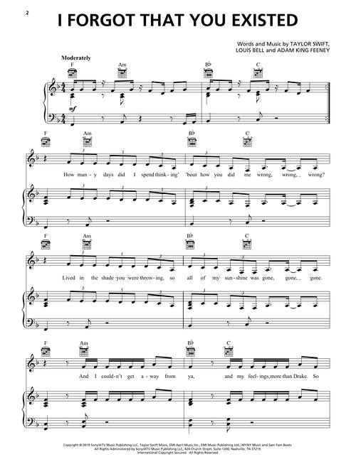 I forgot that you existed by taylor swift piano sheet music