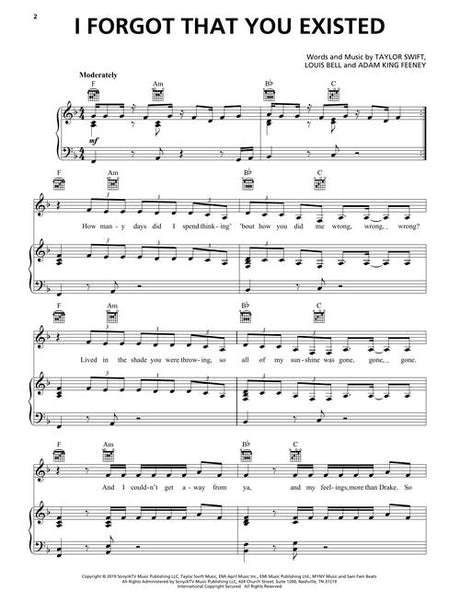 I forgot that you existed by taylor swift piano sheet music