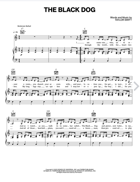 The black dog by taylor swift sheet music for piano, guitar and vocal