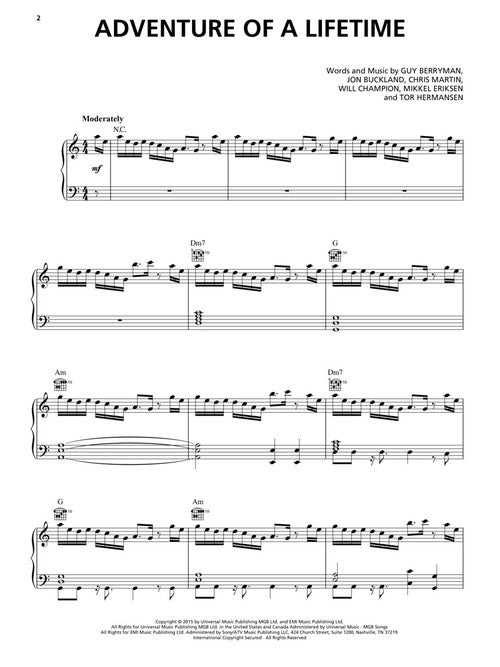 adventure of a lifetime sheet music by coldplay for piano