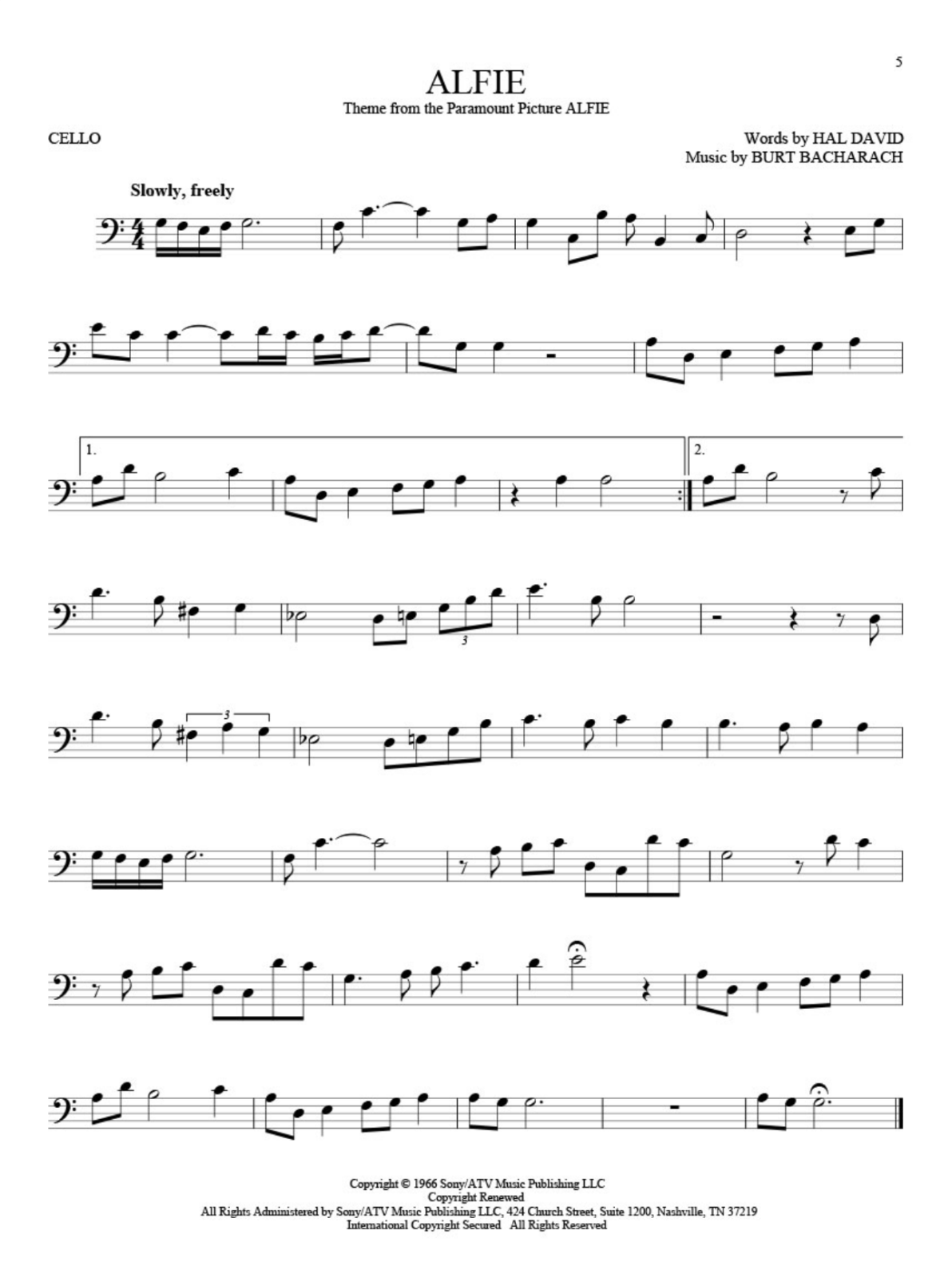 alfie solo for cello sheet music