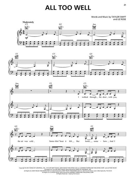 all too well taylor swift sheet music for piano and guitar