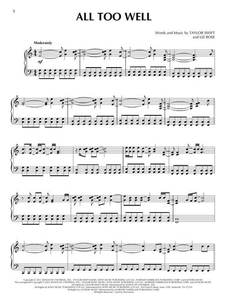 all too well by taylor swift sheet music for piano