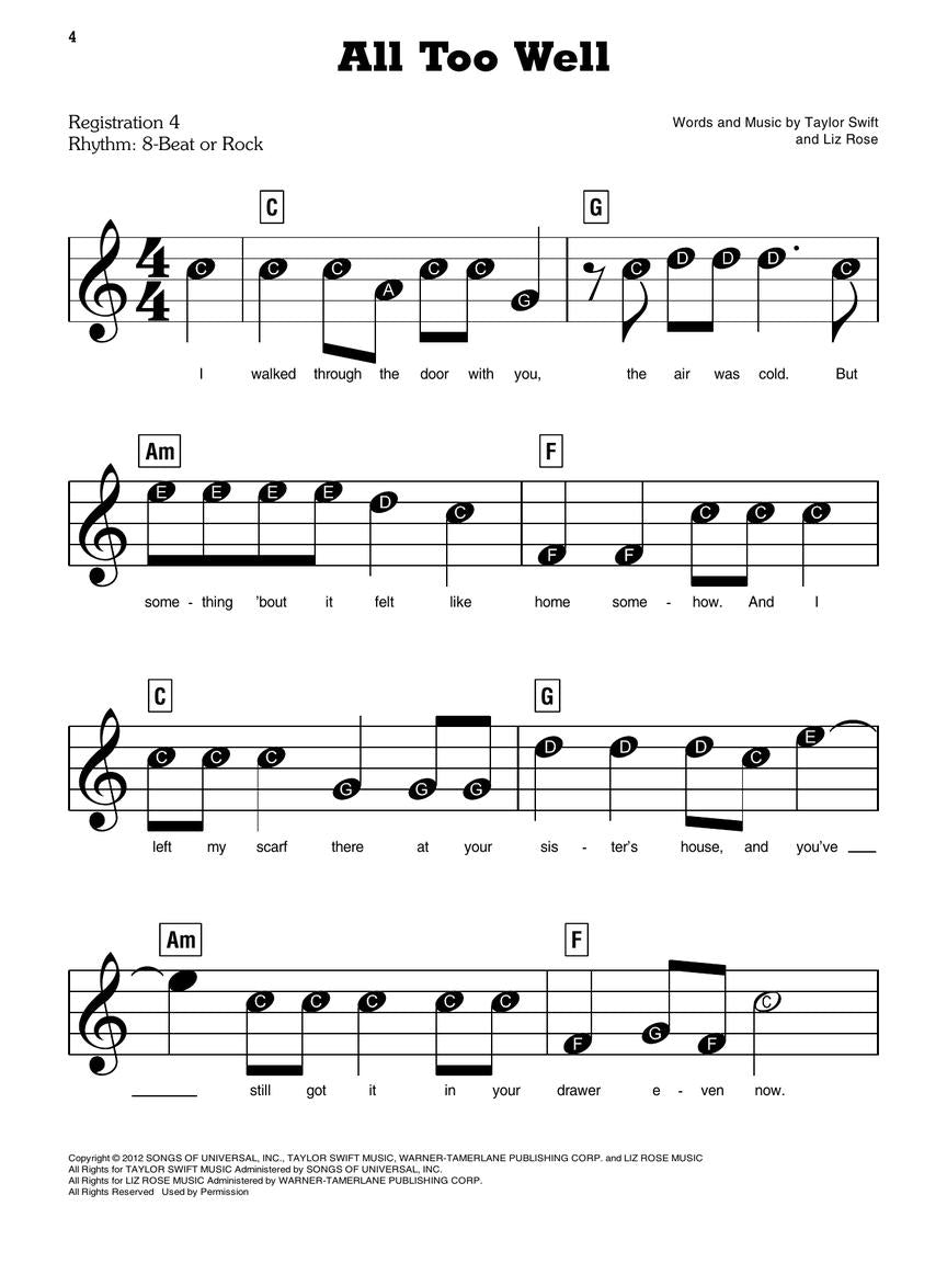 all too well piano sheet music by taylor sift