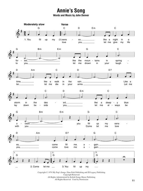 annie's song sheet music for guitar, banjo and ukulele