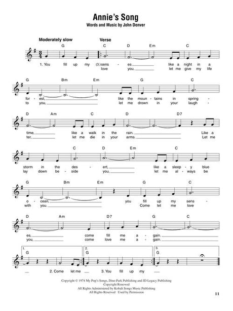 annie's song sheet music for guitar, banjo and ukulele