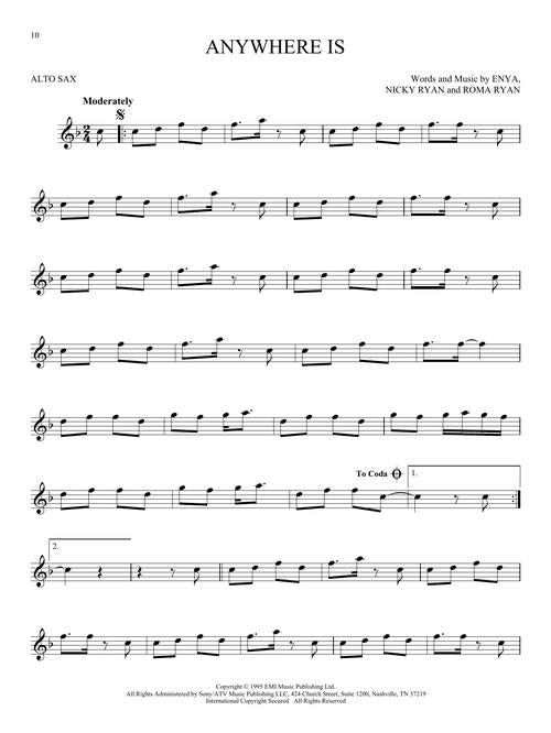 Anywhere is song solo for alto sax sheet music