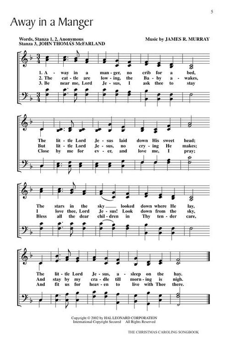 away in a manger christmas carol songbook sheet music