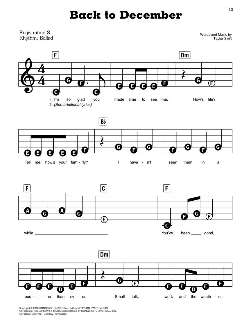 back to december sheet music for piano by taylor swift