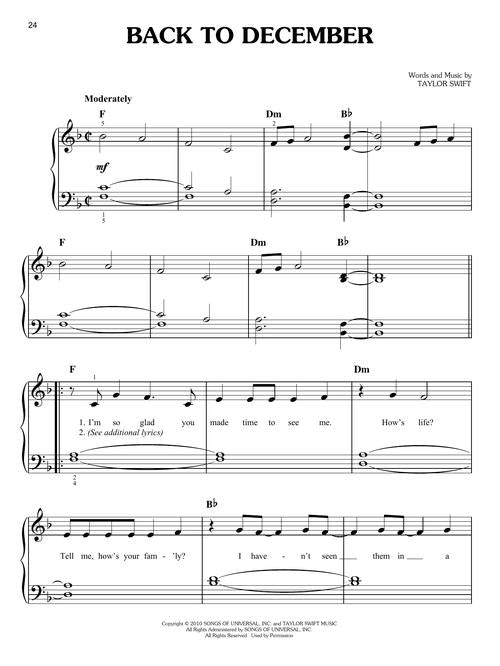 back to december taylor swift piano sheet music for beginners