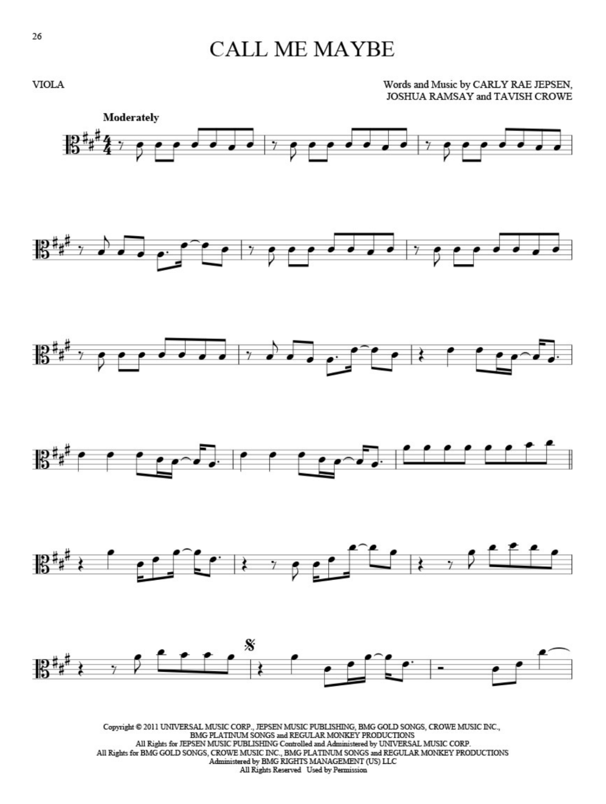 101 hit songs call me maybe viola sheet music