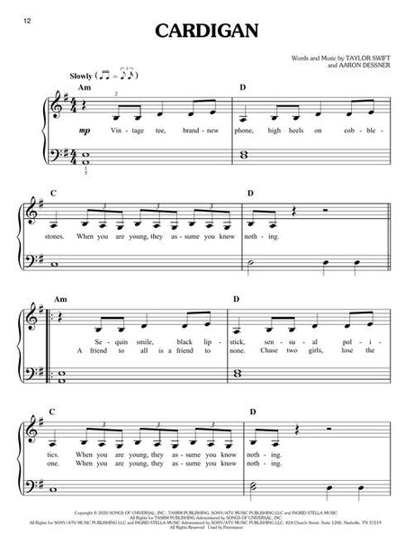 cardigan taylor swift songs piano sheet music for beginners