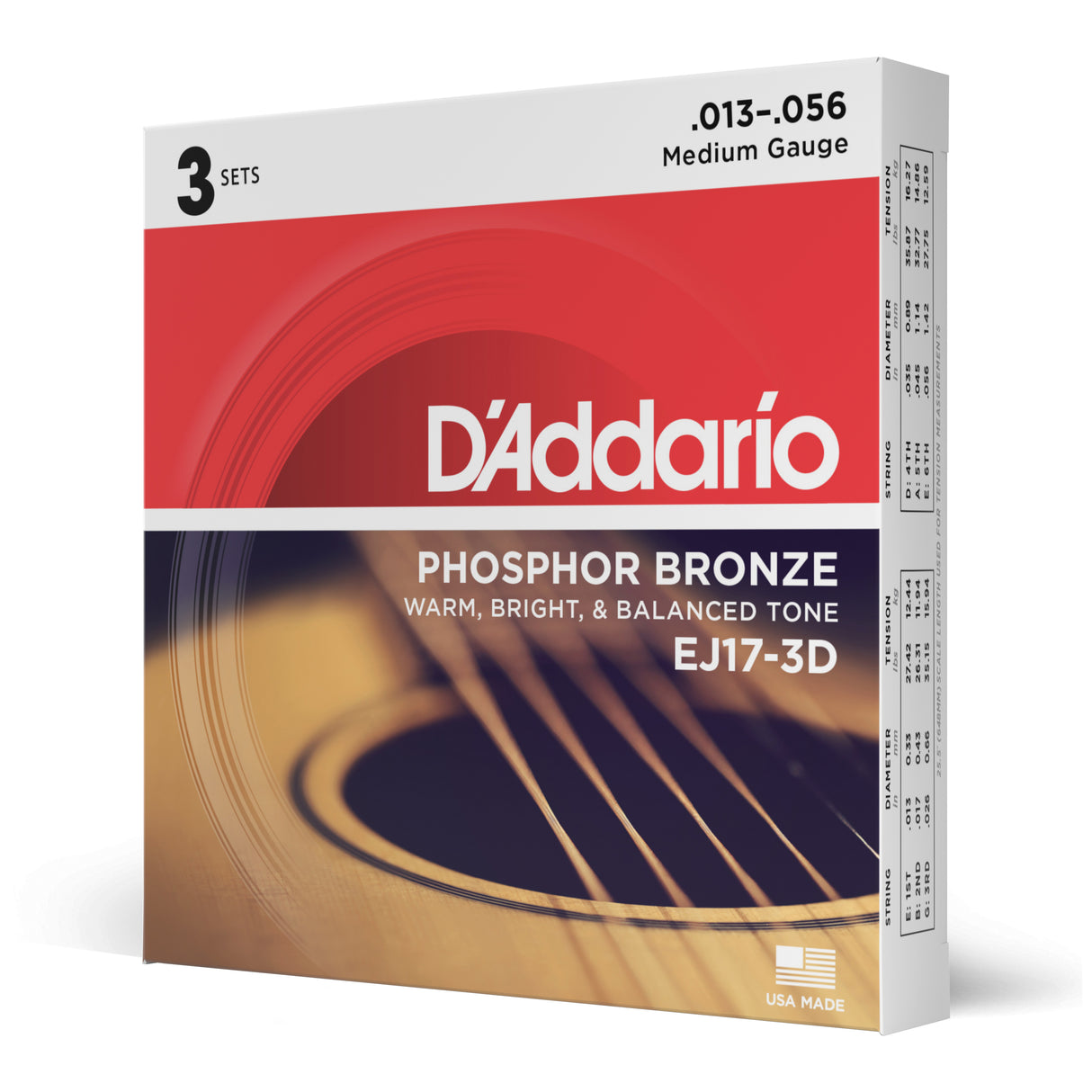 D'Addario EJ17-3D Phosphor Bronze Acoustic Guitar Strings Medium 13-56 3 Sets