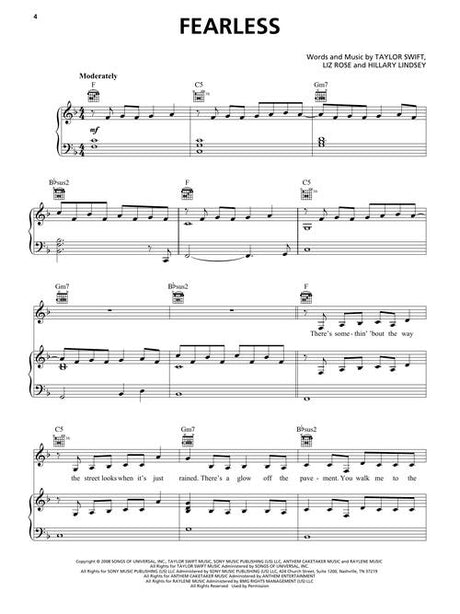 fearless sheet music by taylor swift for piano songs