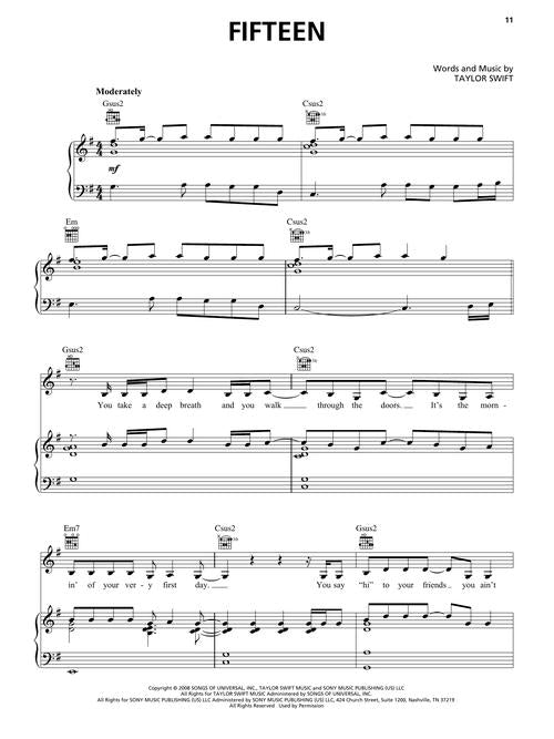 fifteen sheet music by taylor swift for piano songs