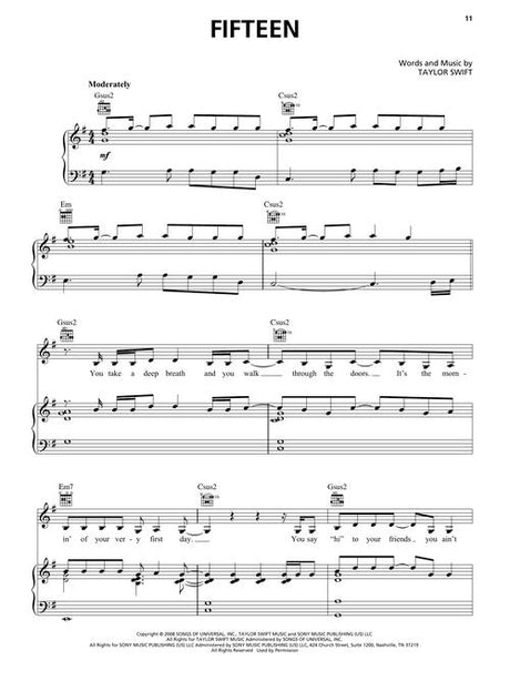 fifteen sheet music by taylor swift for piano songs