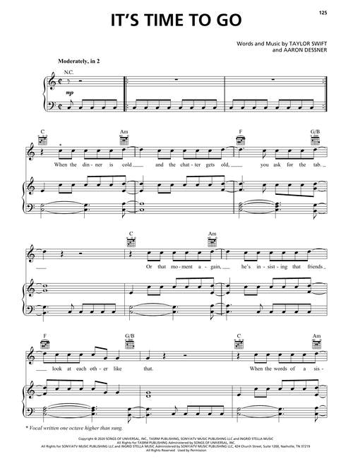 its time to go shee tusic by taylor swift for piano, vocal and guitar