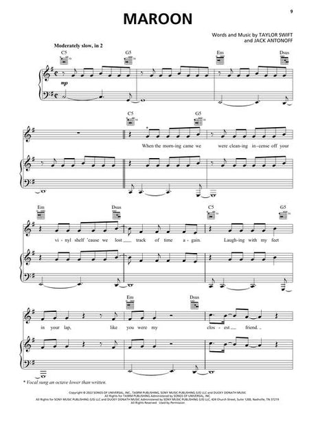 maroon taylor swift sheet music for piano and guitar