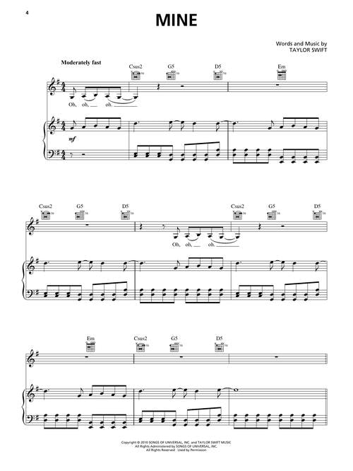 mine taylor swift sheet music for piano and guitar