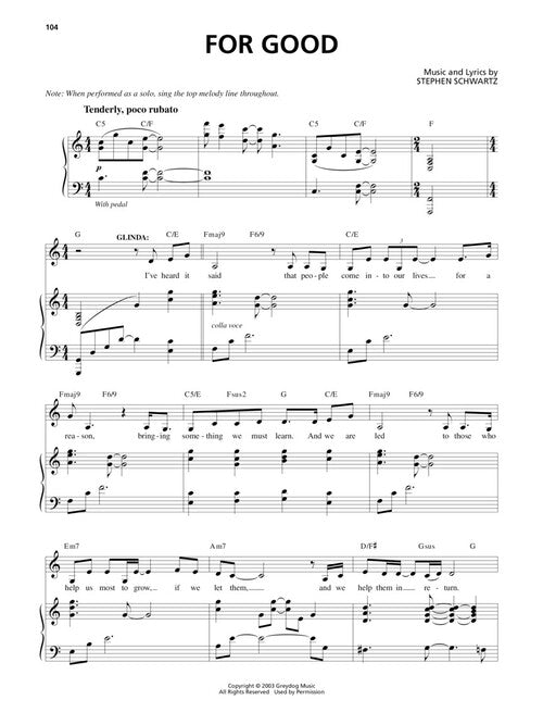 wicked sheet music for good vocal selection