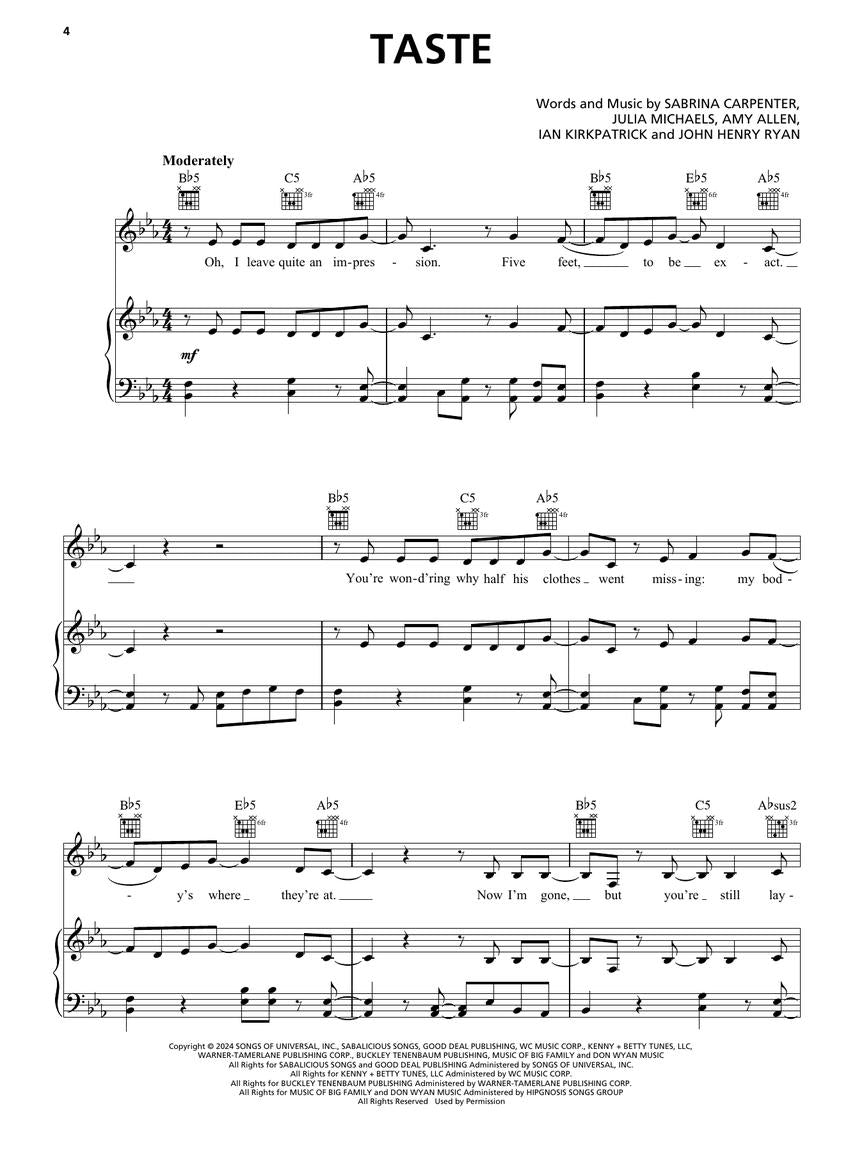 sabrina carpenter piano sheet music taste