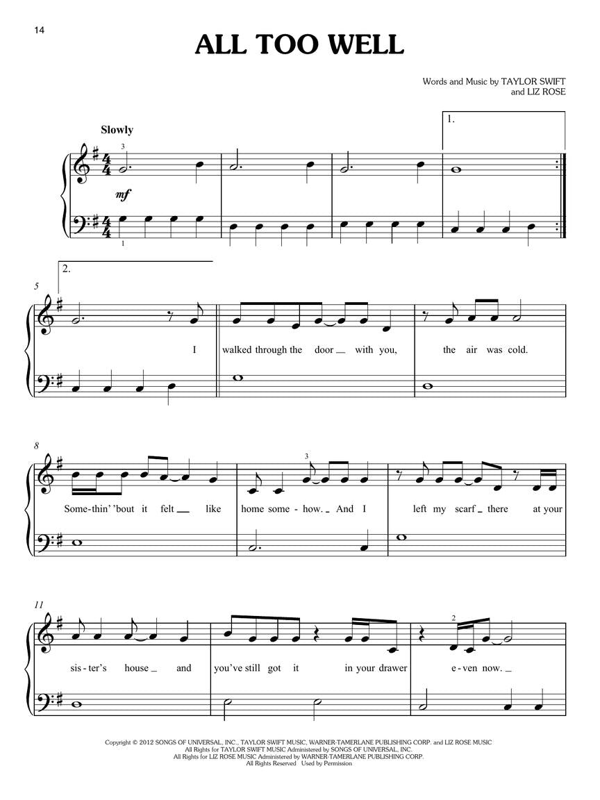 simple pop songs easy piano sheet music all too well