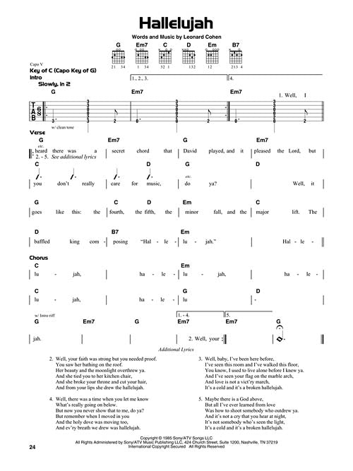 simple songs for easy guitar sheet music of hallelujah