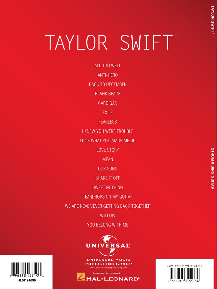 Taylor swift back cover list of guitar chord songs