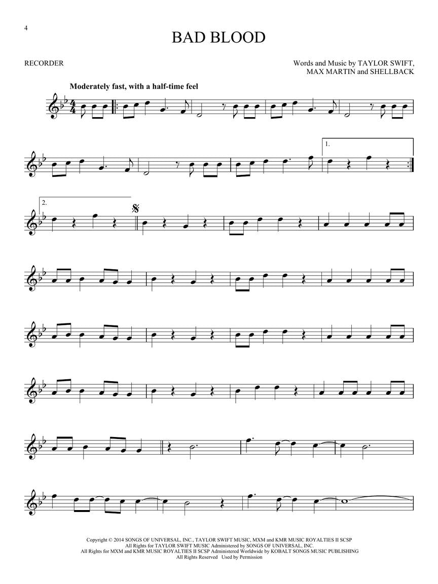 taylor swift bad blood sheet music for recorder