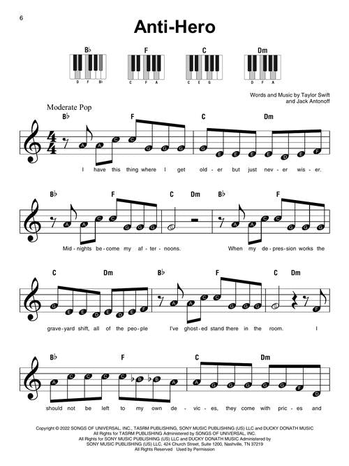 taylor swift easy piano sheet music of anti hero