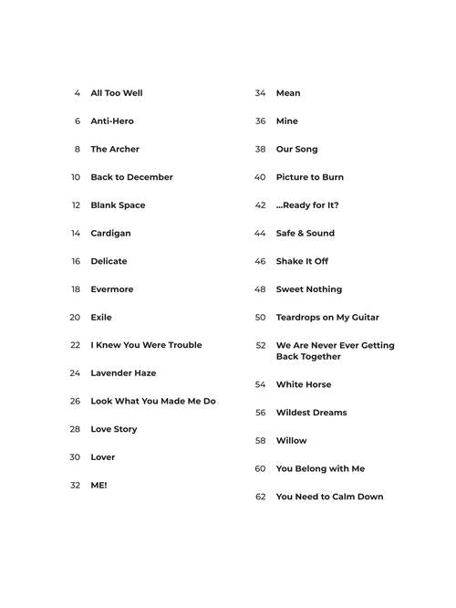 taylor swift easy piano sheet music list