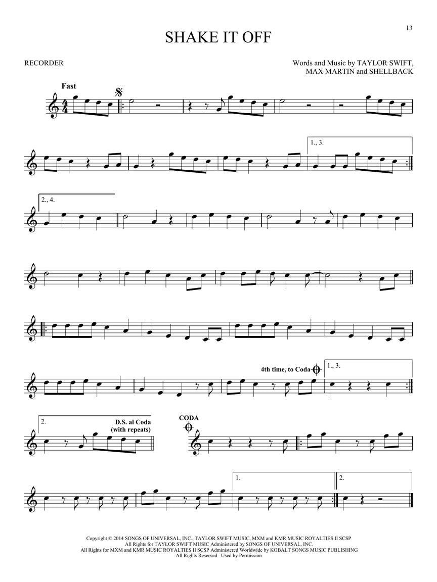 taylor swift shake it off sheet music for recorder