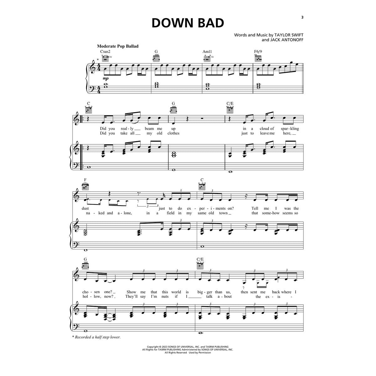 taylor swift sheet music of down bad for tortured poets department