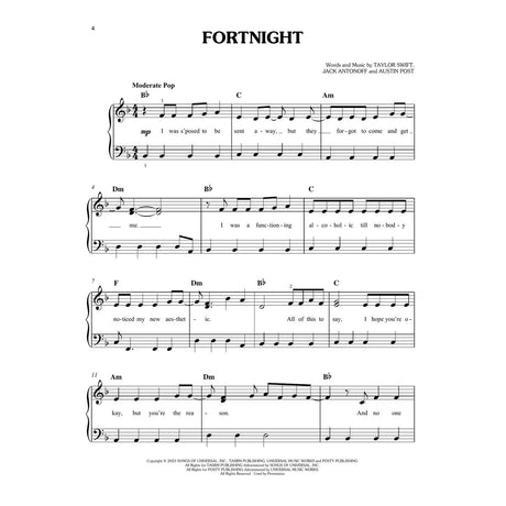 taylor siwft sheet music for fortnight for piano