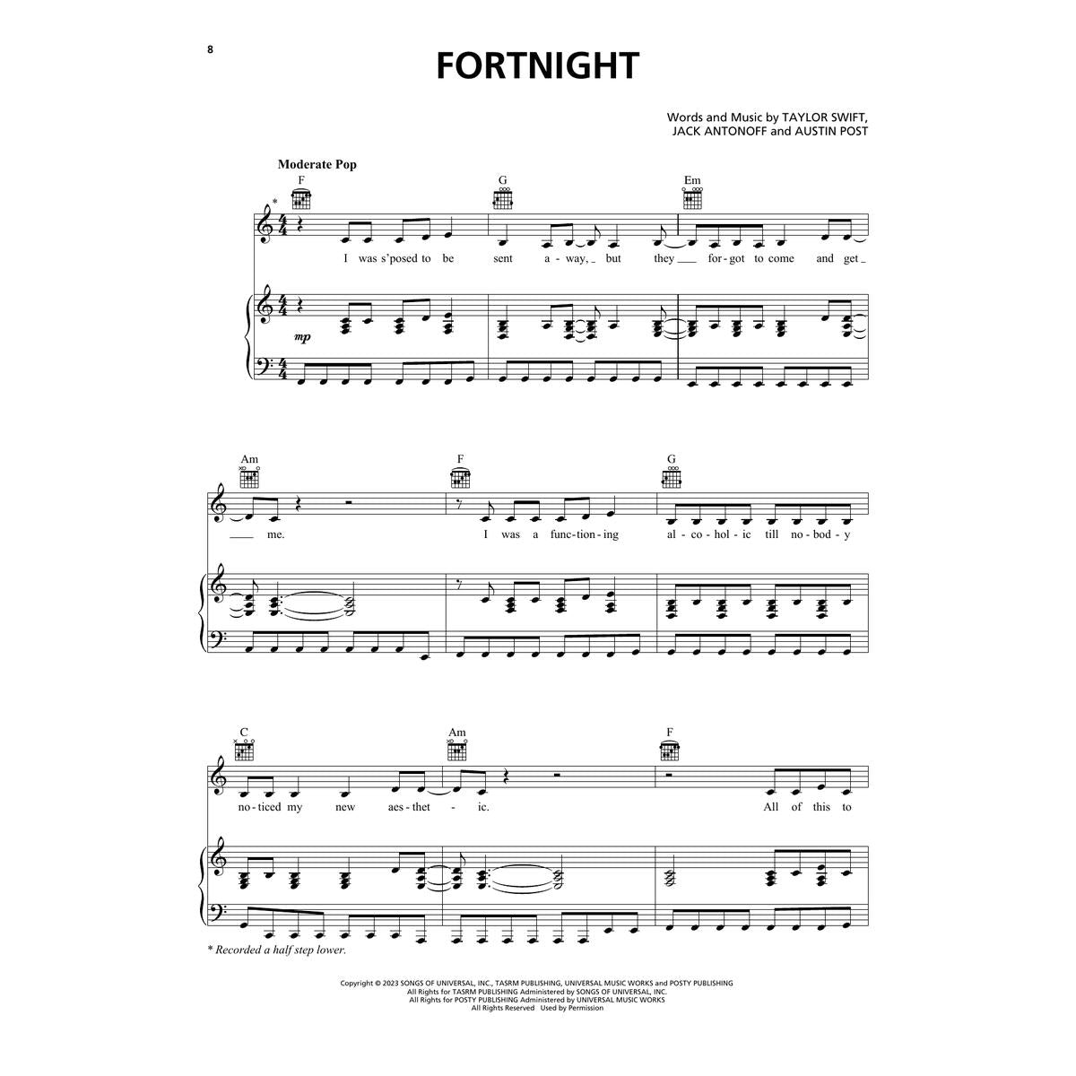 fortnight taylor swift sheet music piano, vocal guitar songs