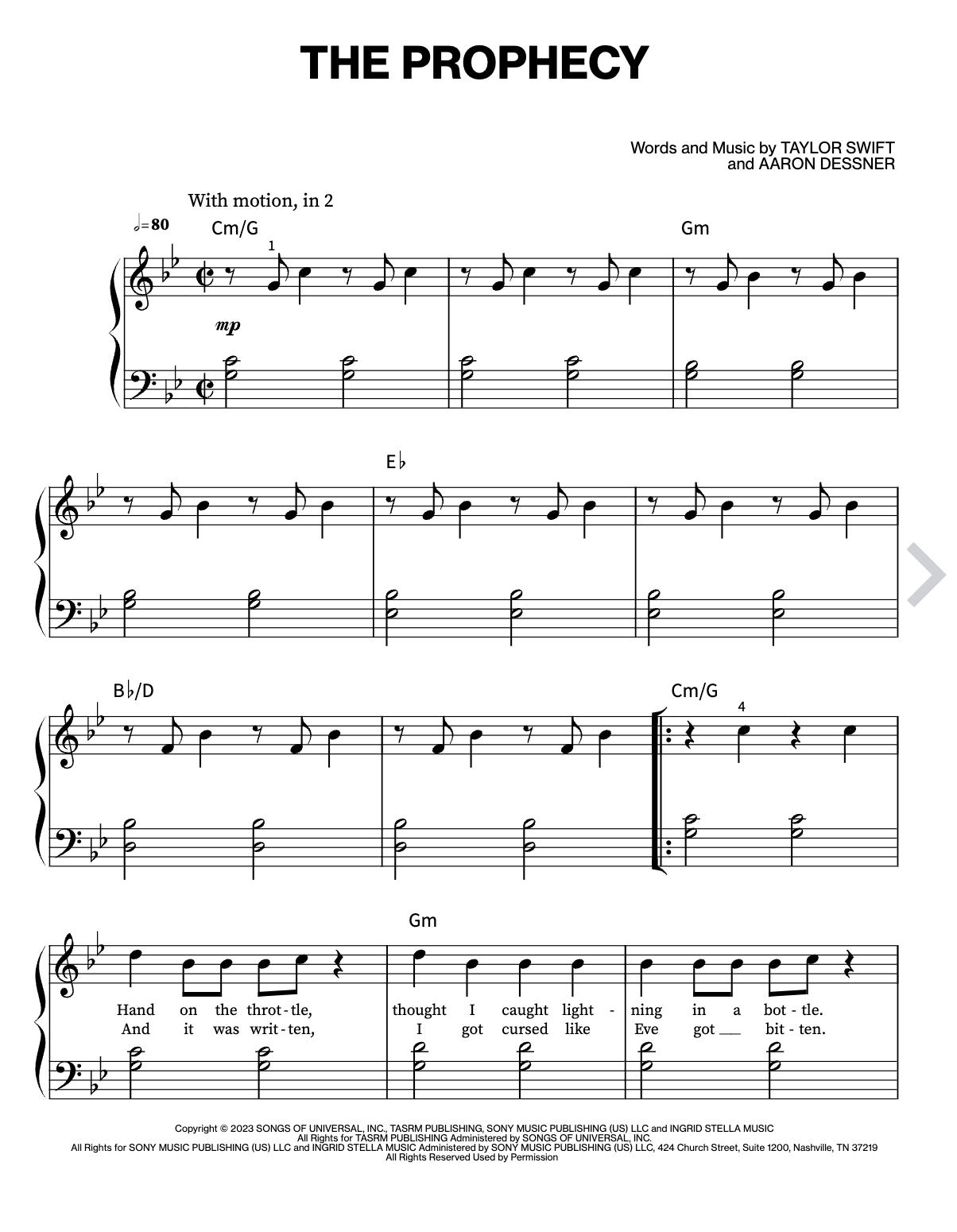 the prophecy tayor swift sheet music for easy piano