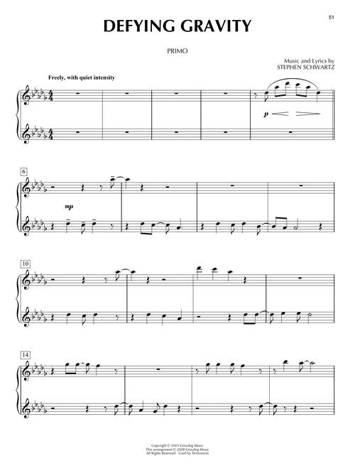 wicked sheet music for piano duet of defying gravity