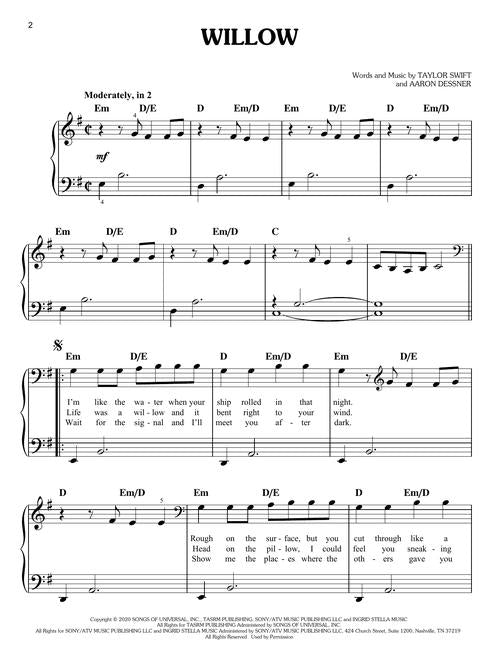 willow taylor swift piano songs sheet music for beginners